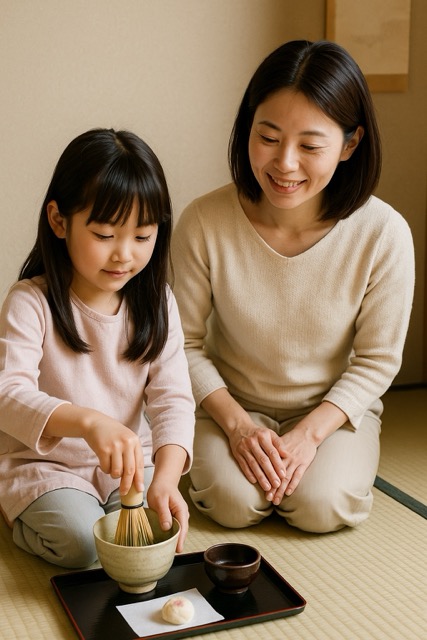 和室で娘が茶筅で抹茶を点て、横で母親が笑顔で見守っている写真。手前に和菓子が添えられたお盆が置かれている。