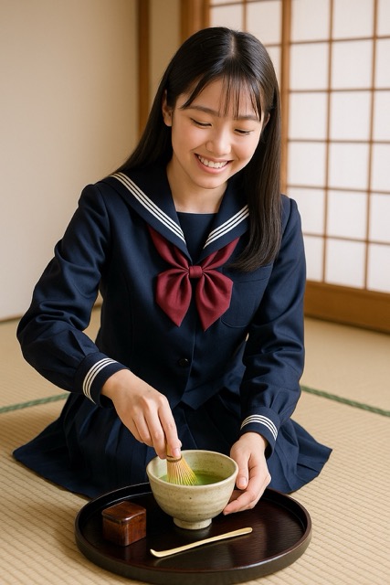 和室でセーラー服を着た女子高校生が茶筅で抹茶を点てている写真。茶道教室結空の学生向け体験風景。