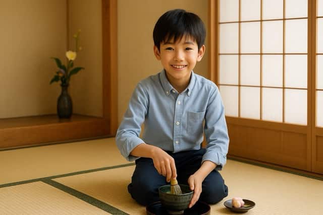 新宿・早稲田の茶道教室結空で、小学生の男の子が正座して抹茶を点てる体験風景。初心者でも安心の茶道体験で、笑顔で茶筅を使い、お隣には季節の和菓子、背景には障子と床の間の花が飾られている。