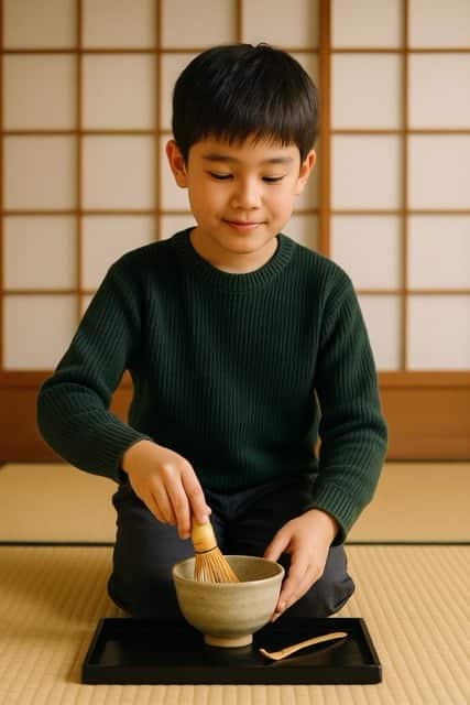 和室の畳に座った小学生くらいの男の子が、茶筅で抹茶を点てている様子。初心者や親子での茶道体験にも安心の雰囲気。