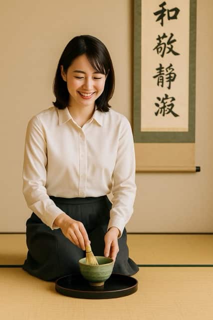掛け軸『和敬静寂』を背景に、白いブラウスの女性が茶筅で抹茶を点てている写真。