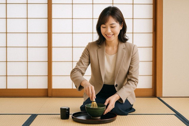 和室でベージュのジャケット姿の女性が正座し、茶筅で抹茶を点てている写真。