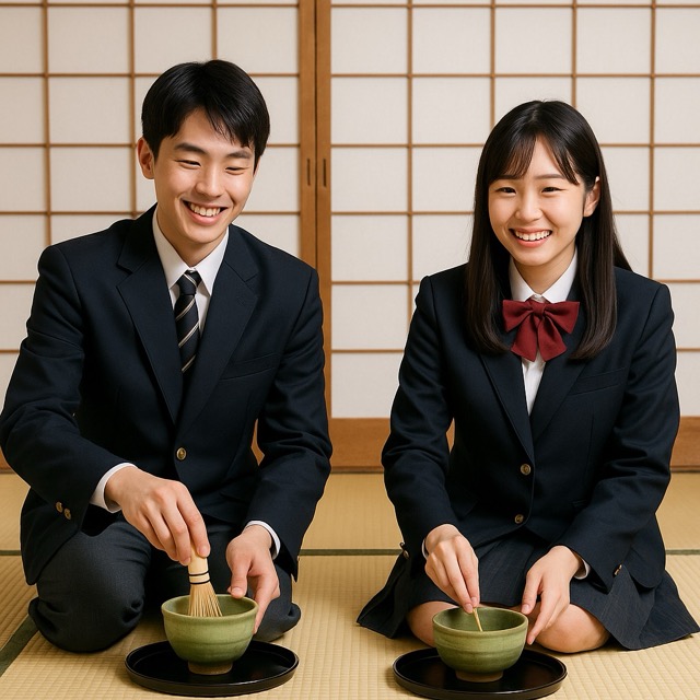 和室の畳で正座した男女の高校生が、茶筅で抹茶を点てながら笑顔を見せている写真。