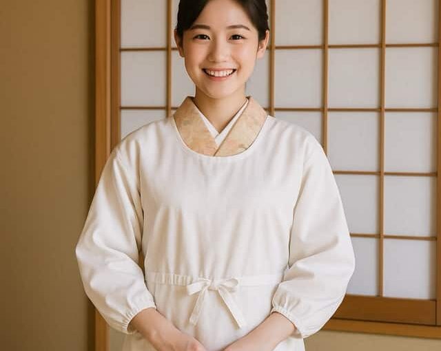 和室の障子を背景に、白い割烹着姿で笑顔の女性が立っている写真。茶道教室結空の講師紹介用イメージ。