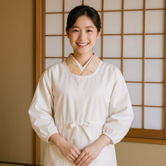 和室の障子を背景に、白い割烹着姿で笑顔の女性が立っている写真。茶道教室結空の講師紹介用イメージ。