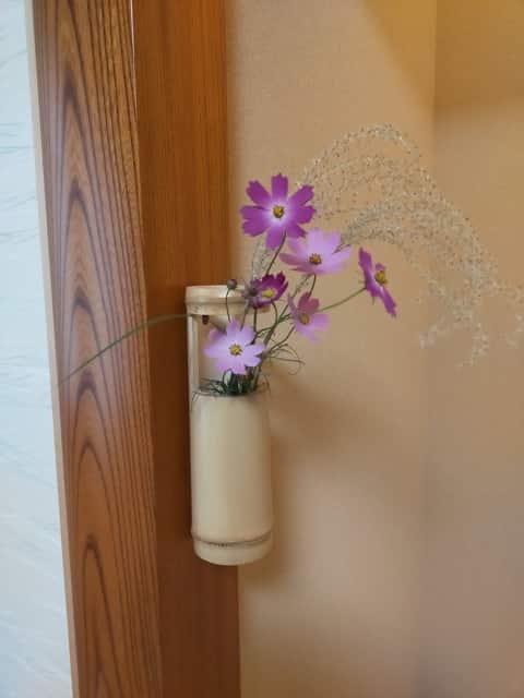 茶道教室の床の間に飾られたコスモスとすすき。秋の茶道体験で季節を楽しむ茶花