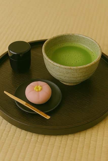 黒い丸盆の上に、抹茶茶碗とピンク色の練り切り菓子、小さな黒い器が並んでいる写真。