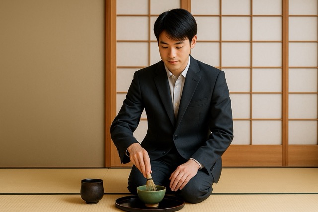 和室の畳でスーツ姿の男性が茶筅を使って抹茶を点てている写真。