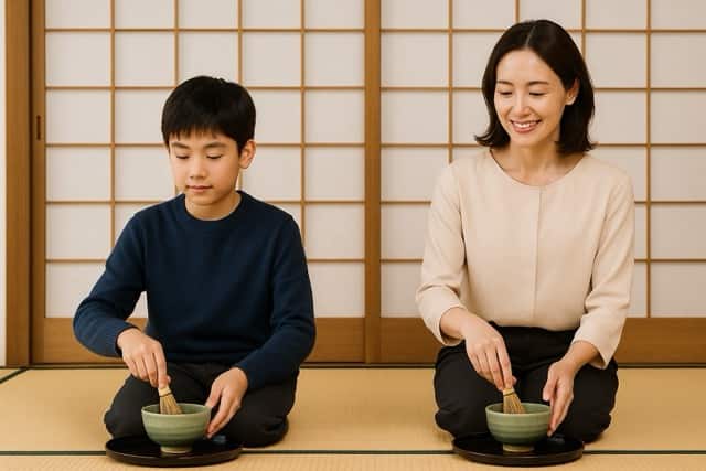 和室の畳に正座し、母と息子が並んで茶筅を使い抹茶を点てている様子。