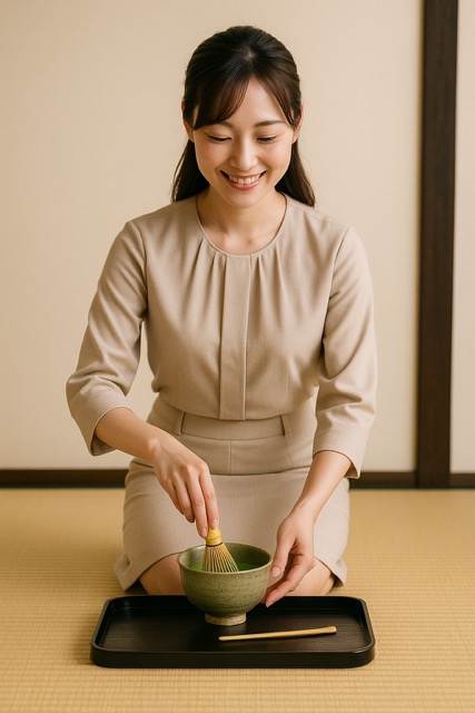 ベージュのワンピース姿の女性が、正座して抹茶を点てている写真。茶道初心者にも親しみやすい雰囲気。