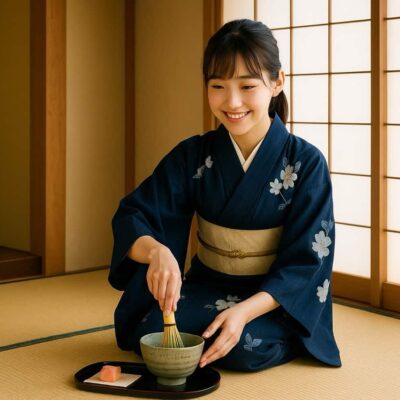 紺色の着物を着た若い女性が、茶碗に抹茶を点てている様子。隣には和菓子が添えられ、茶道教室結空の雰囲気を伝える写真。