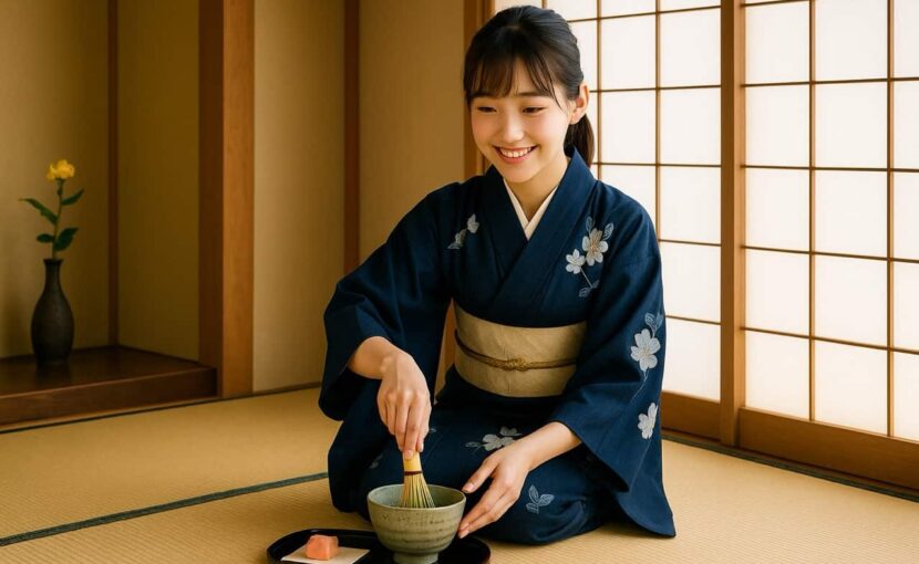 紺色の着物を着た若い女性が、茶碗に抹茶を点てている様子。隣には和菓子が添えられ、茶道教室結空の雰囲気を伝える写真。