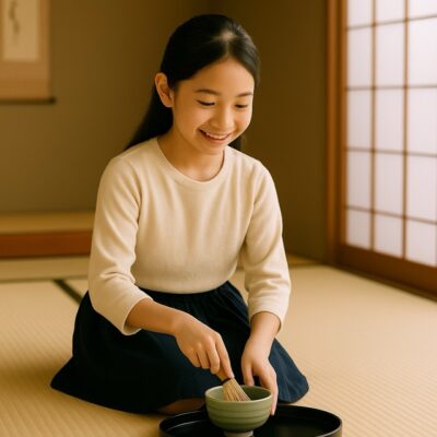 畳の茶室で正座しながら笑顔でお茶を点てる小学生の女の子。親子で楽しむ初心者向け茶道体験の様子（茶道教室結空）。