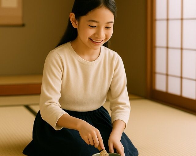 畳の茶室で正座しながら笑顔でお茶を点てる小学生の女の子。親子で楽しむ初心者向け茶道体験の様子（茶道教室結空）。