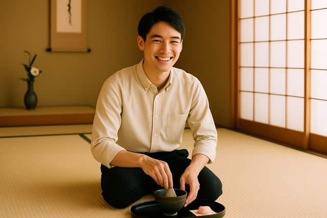 畳の茶室で笑顔でお茶を点てる男性。初心者歓迎の茶道体験の様子（茶道教室結空・新宿区戸山）。