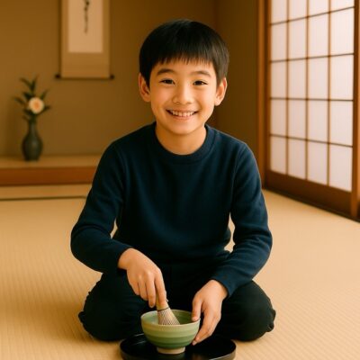 畳の茶室で紺色のセーターを着た小学生の男の子が正座しながら笑顔でお茶を点てている。親子で楽しめる茶道体験の様子（茶道教室結空・新宿区戸山）。