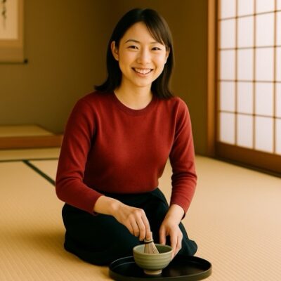 畳の茶室で薄い赤色のセーターを着た女性が笑顔でお茶を点てている。初心者歓迎の茶道体験クラスの様子（茶道教室結空・新宿区戸山）。