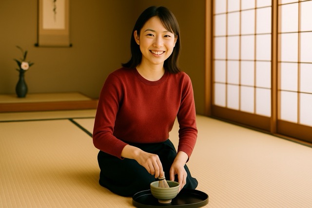 畳の茶室で薄い赤色のセーターを着た女性が笑顔でお茶を点てている。初心者歓迎の茶道体験クラスの様子（茶道教室結空・新宿区戸山）。